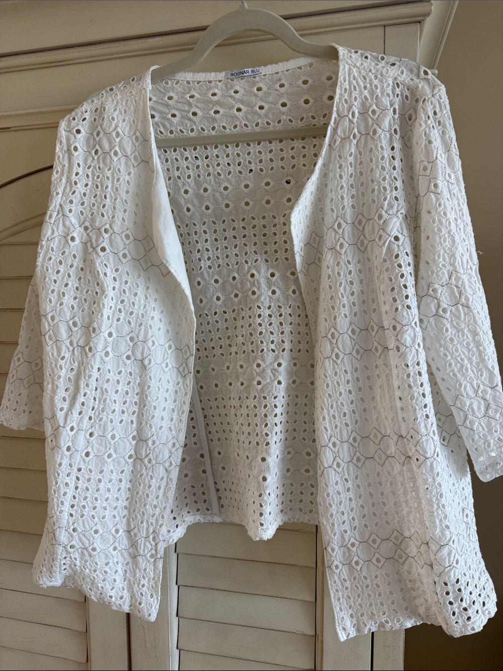 Bognar Blu White Eyelet Open-Front Cardigan